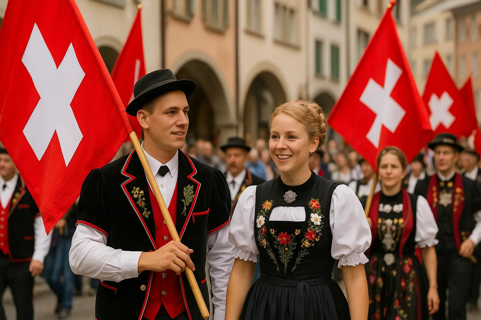 Teilnehmer in historischen Kleidern ziehen mit Fahnen und Musikinstrumenten durch die Straßen.