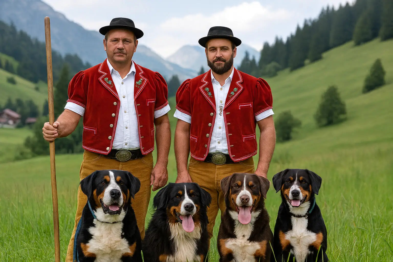 Zwei Sennen in Traditioneller Tracht mit ihren 4 Sennenhunden stehen inmitten einer grünen Berglandschaft.