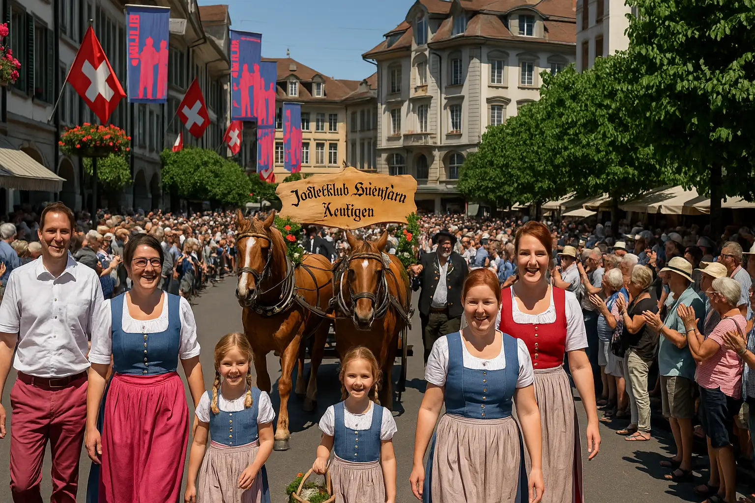 Sänger und Trachtenträger schreiten in traditionellen Gewändern durch eine geschmückte Altstadtstraße.