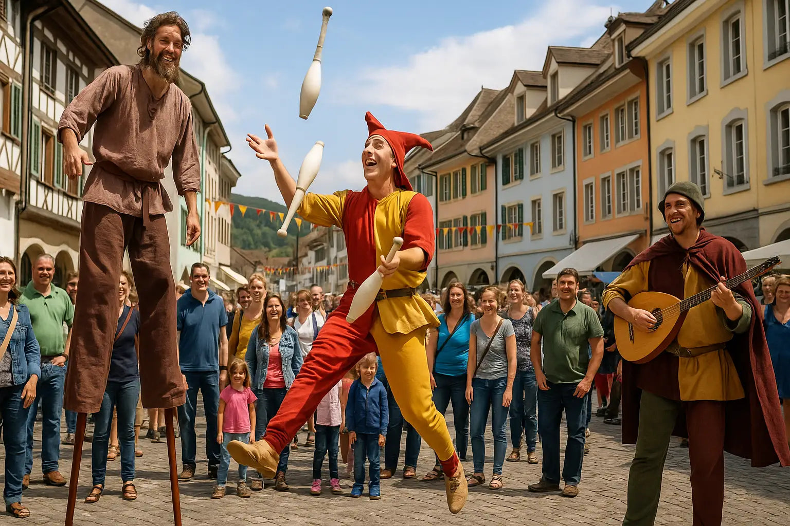 Gruppe von Artisten zeigt spektakuläre Akrobatik inmitten einer belebten Gasse.