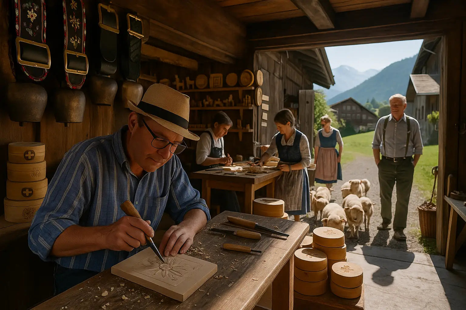 Schweizer Handwerker beim Holzschnitzen in einer traditionellen Werkstatt, während im Hintergrund Frauen arbeiten und Schafe durchs Dorf ziehen