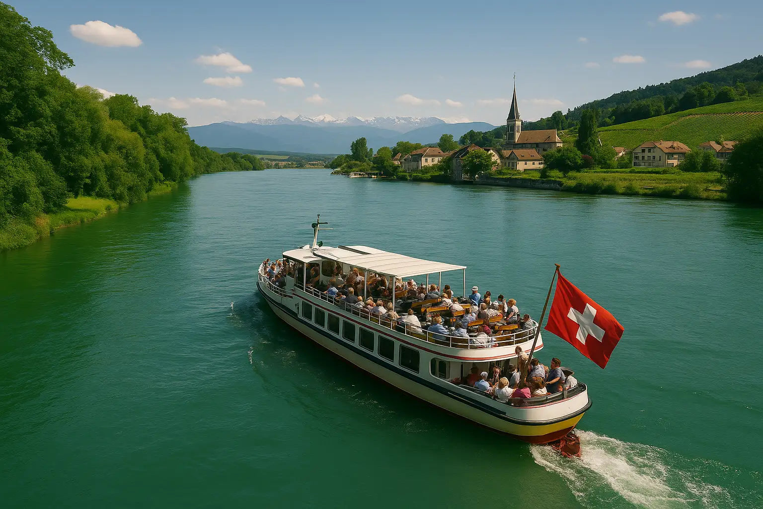 Schiff gleitet über einen Fluss in der Schweiz und bietet einen Panoramablick auf die Kirchen und Häuserzeilen.