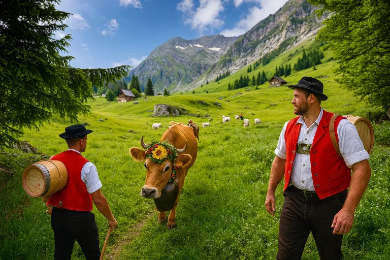 Zwei Sennen in traditioneller Tracht begleiten eine mit Blumen geschmückte Kuh mit Glocke durch eine grüne Alpenlandschaft, im Hintergrund weiden weitere Kühe vor Bergkulisse.