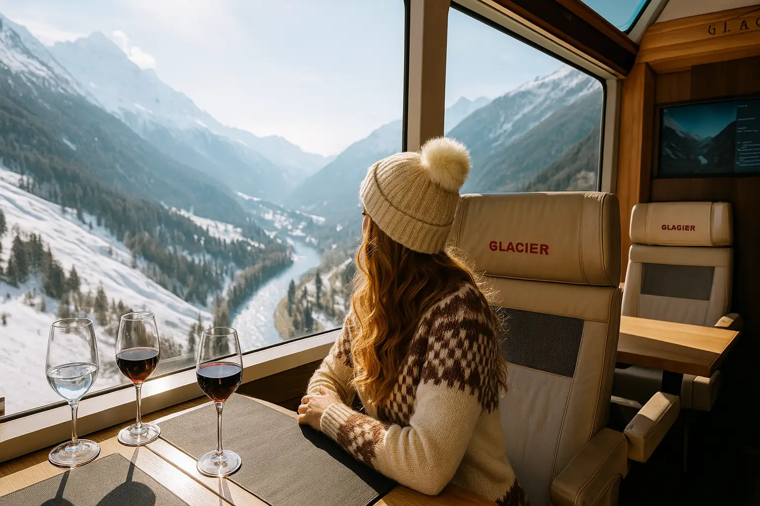 Frau im Panoramawagen genießt Wein und Ausblicke auf verschneite Berge