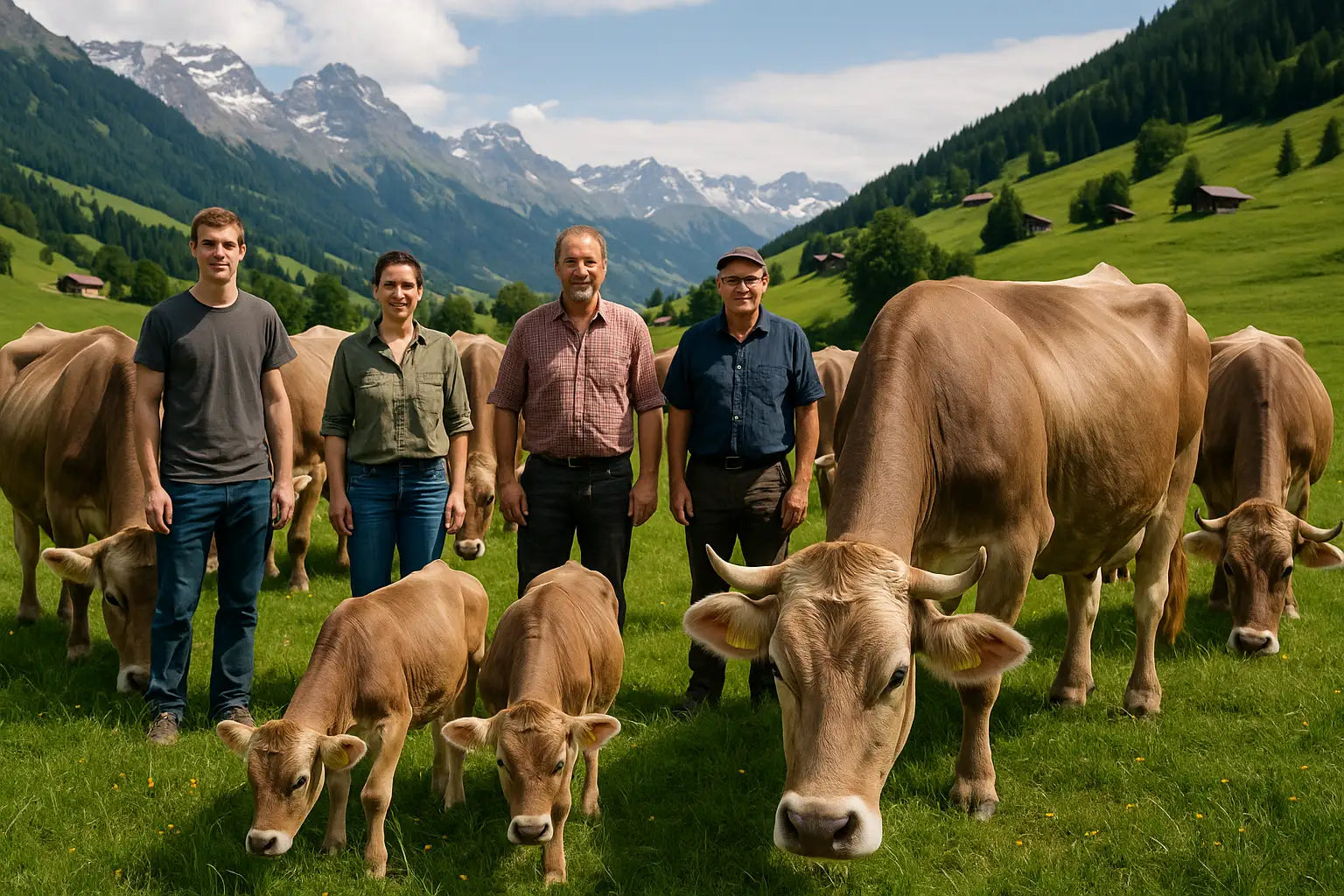 Eine Familie steht zwischen ihren Braunviehkühen auf einer grünen Wiese mit Alpenlandschaft im Hintergrund.