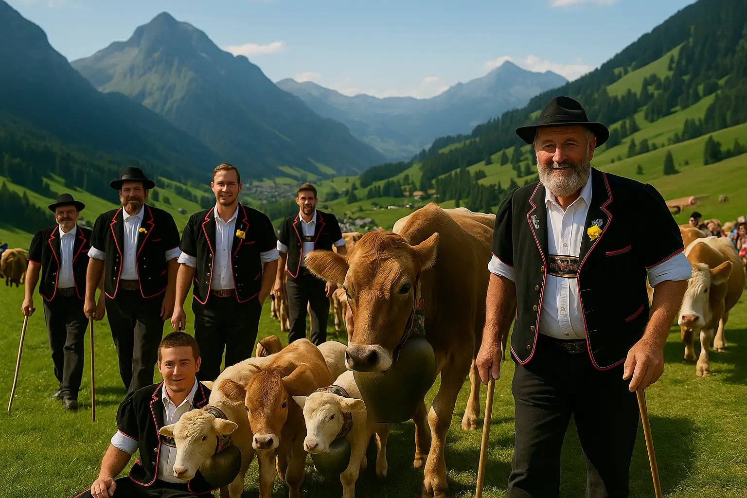 Sennen führen ihre Viehherde mit großen Schellenanhängern und farbenfroher Tracht bei der Alpenauffahrt.