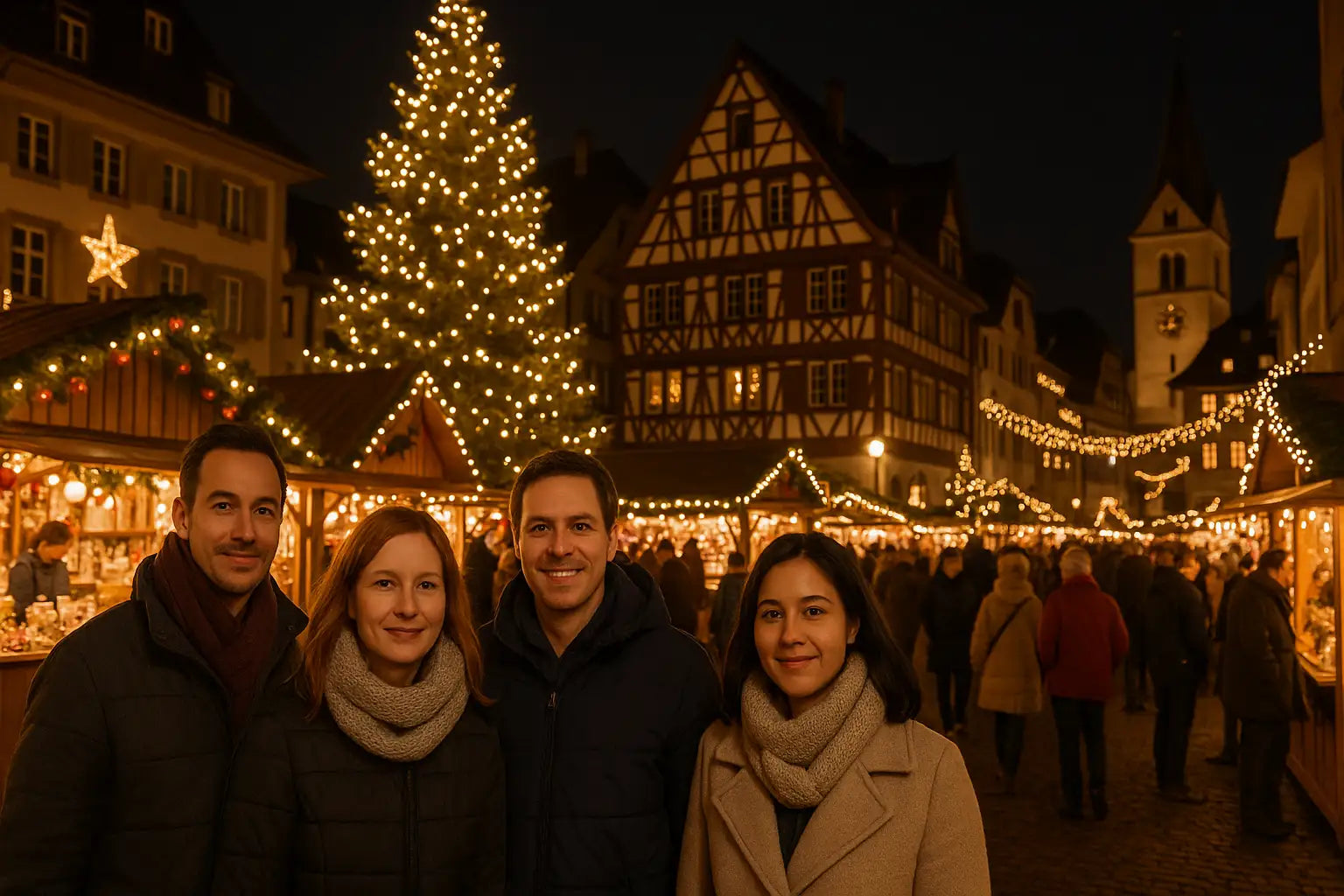 Vier Freunde auf dem Weihnachtsmarkt in der Schweiz