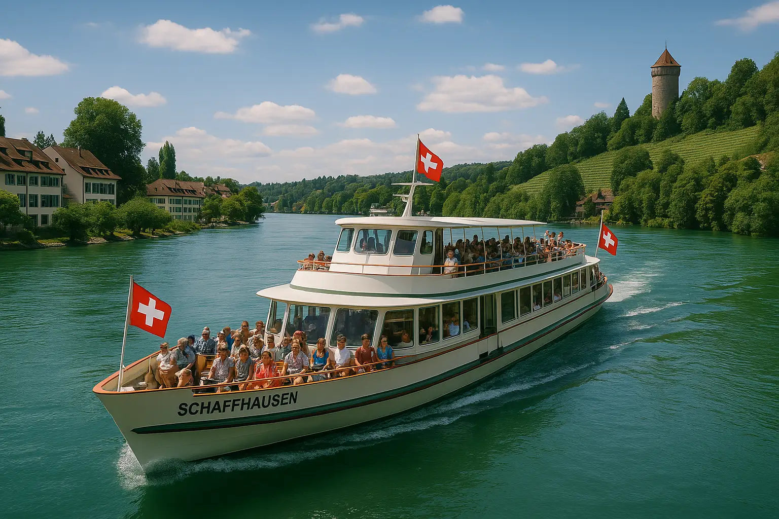 Elegantes Schaffhausener Ausflugsschiff mit großen Glasfenstern fährt über ruhige Flussgewässer.
