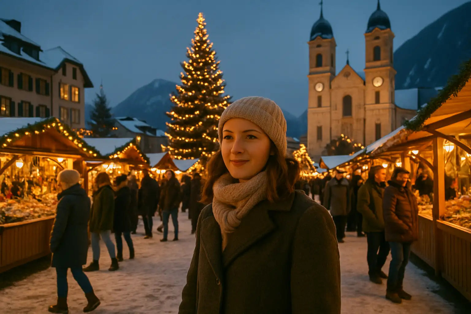 Frau auf dem Weihnachtsmarkt in der Schweiz