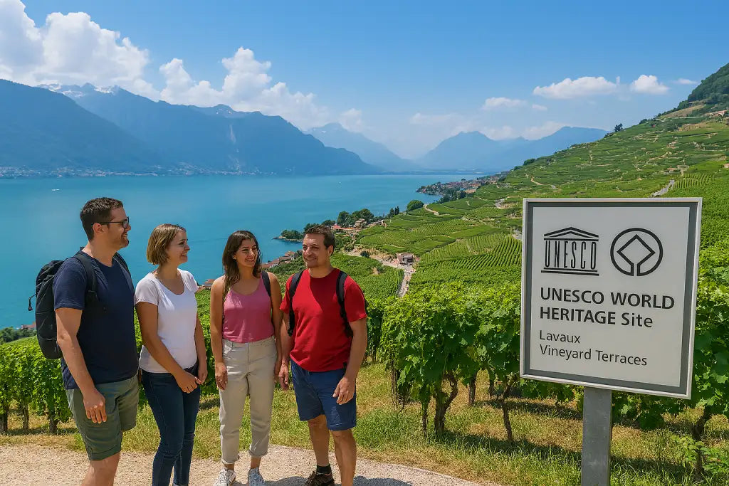 Steile, von Weinreben bedeckte Terrassen mit Blick über den Genfersee, Teil des UNESCO-Welterbes seit 2007