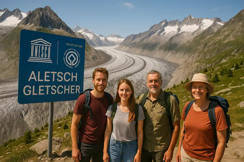 Blick auf den Aletschgletscher und die Gipfel von Jungfrau und Mönch, seit 2001 UNESCO-Weltnaturerbe.