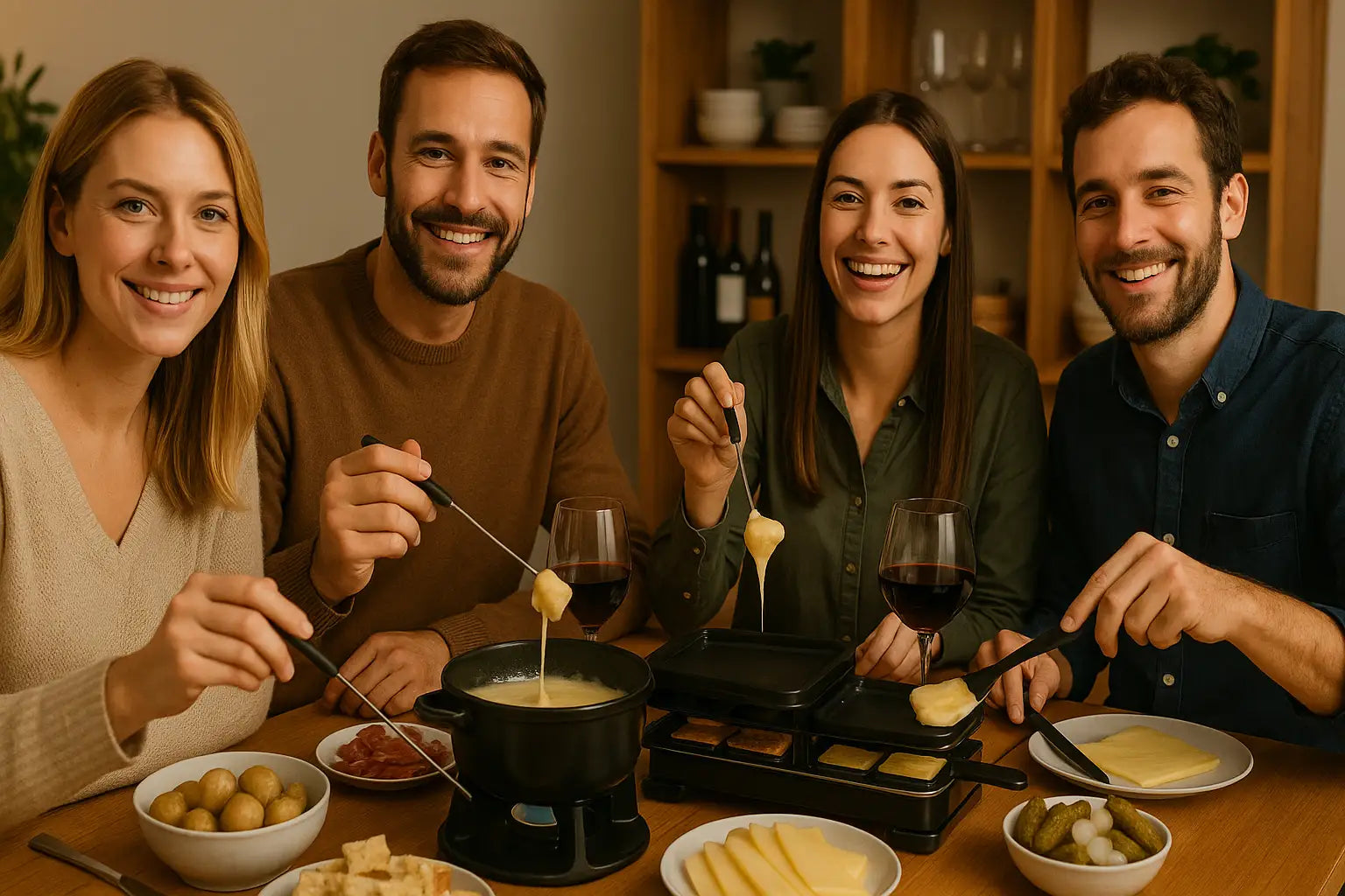 Eine Gruppe von Freunden geniesst Cornichons, Kartoffeln und Silberzwiebeln zum Fondue und Raclette.