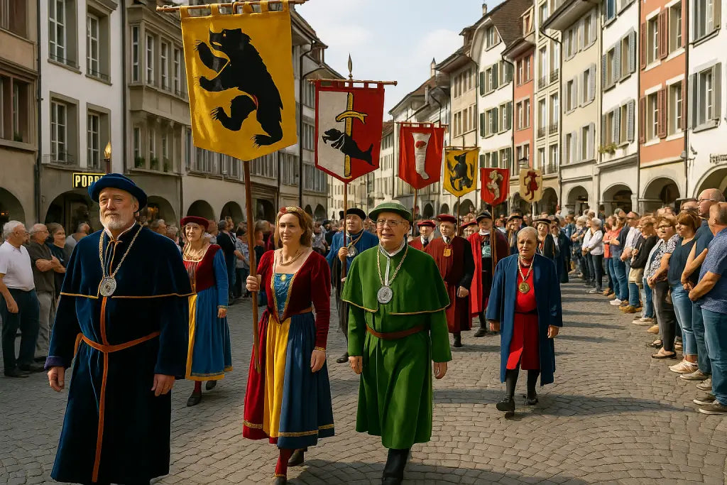 Festlich gekleidete Zünfter tragen farbenfrohe Fahnen während einer Zunftprozession.