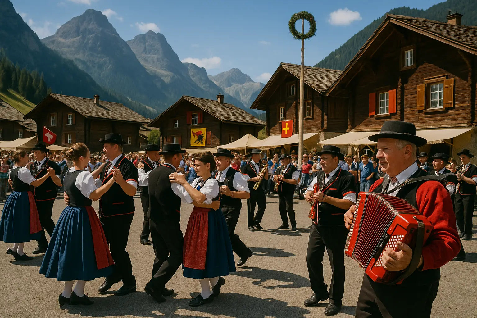 Männer und Frauen in Tracht tanzen fröhlich auf einem Dorfplatz inmitten der Berge.