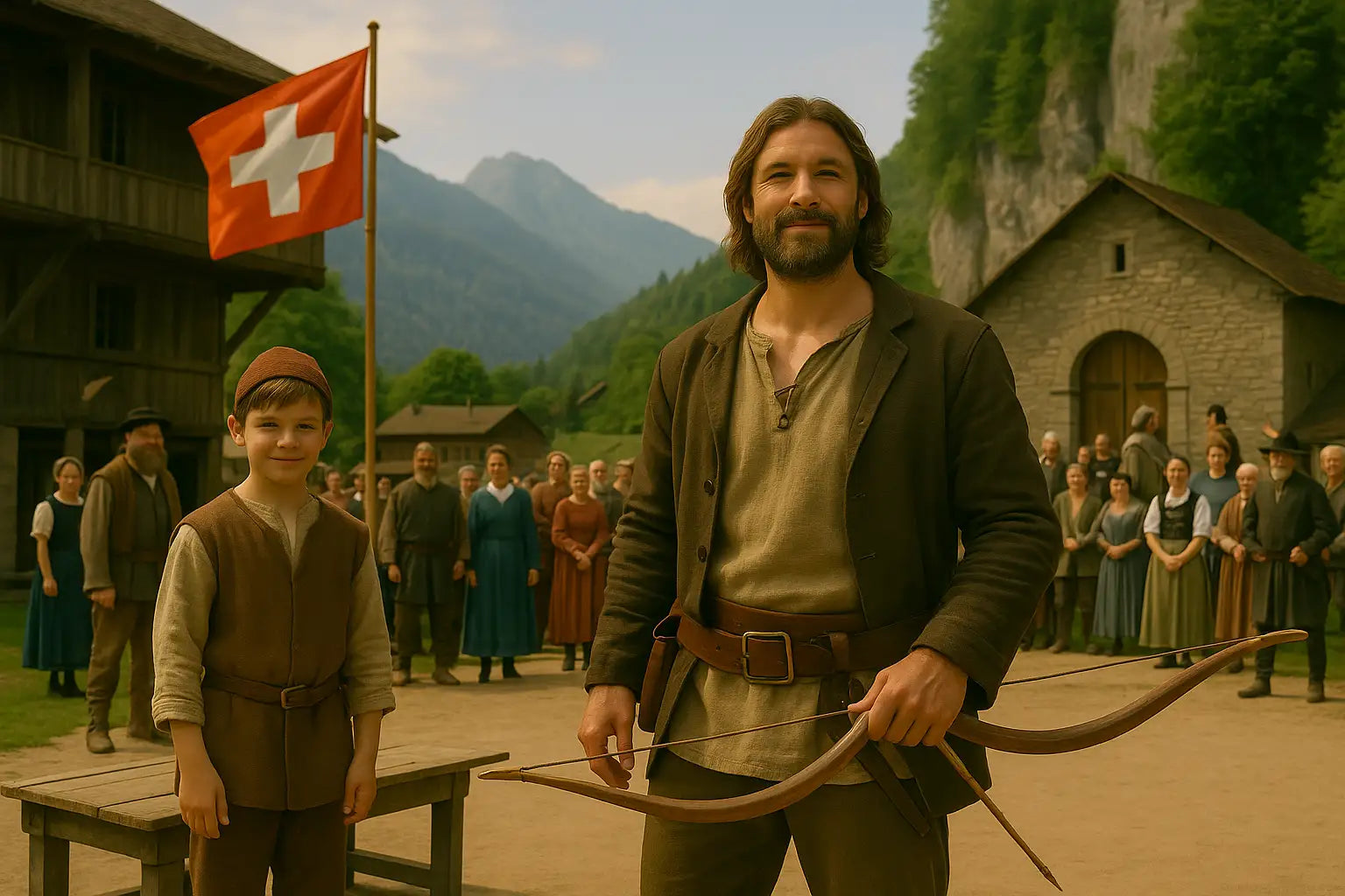 Darsteller in historischen Kostümen stellen sich nach der Aufführung zum Erinnerungsfoto auf.