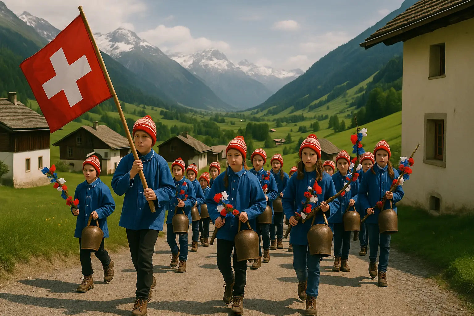 Jungen und Mädchen ziehen mit Flaggen und Glocken durch die Schweizer Berglandschaft
