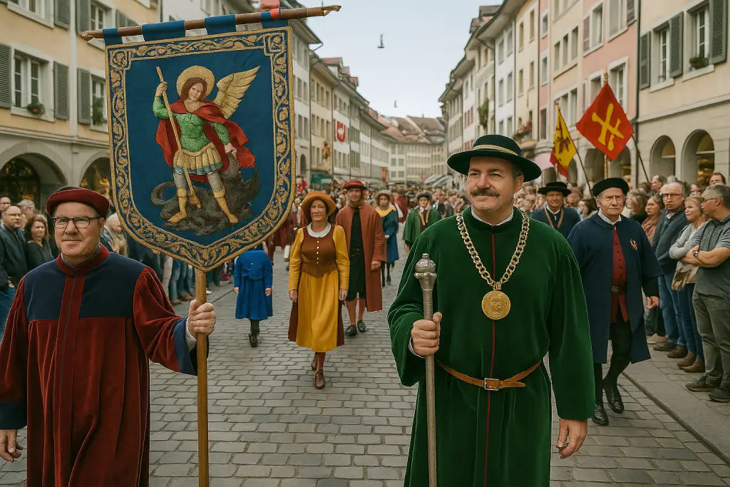 Verkleidete Umzugsteilnehmer tragen Fahnen und repräsentieren ihre Zunft während einer Parade.