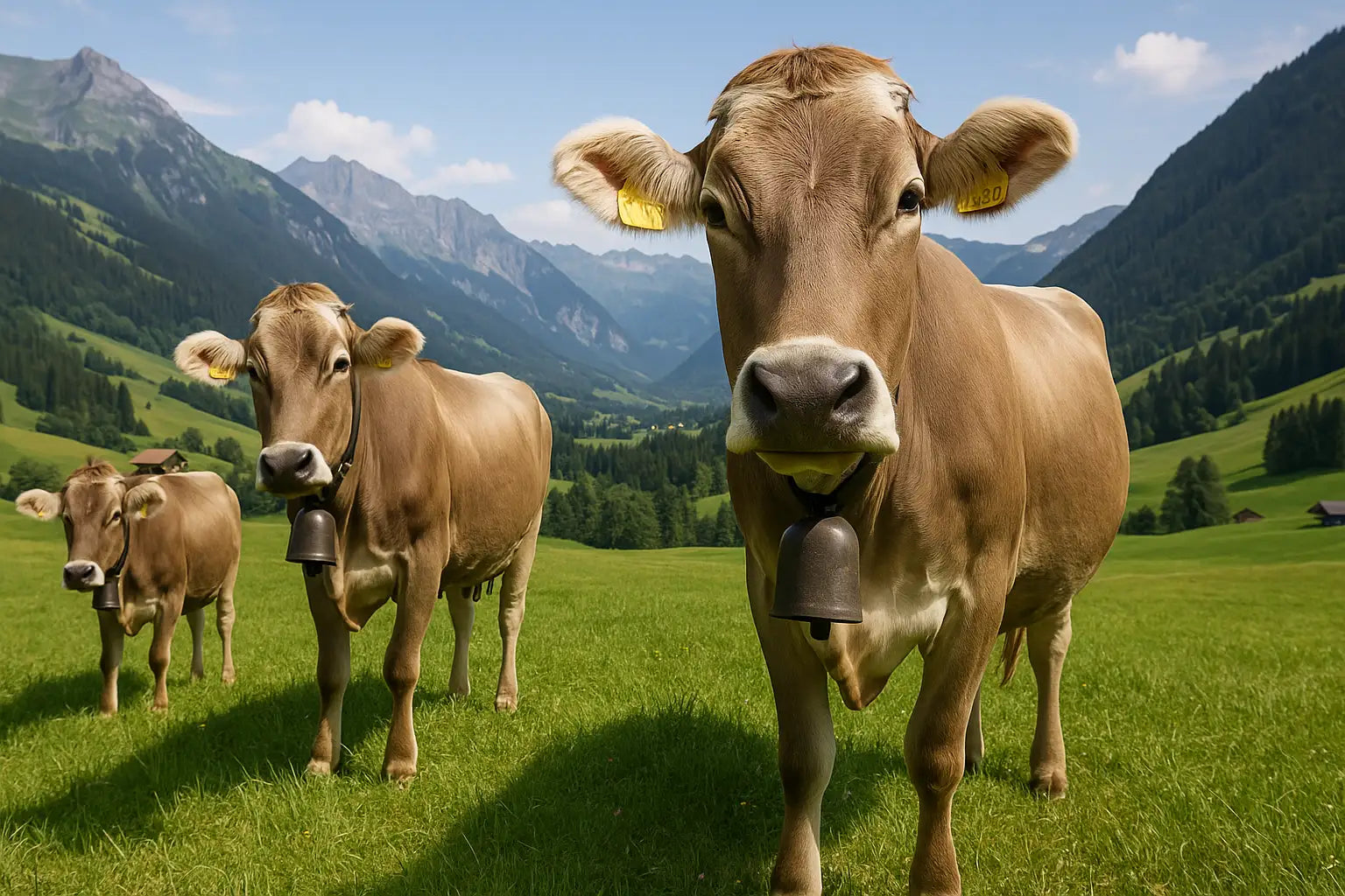 Mehrere Braunviehkühe grasen friedlich auf einer grünen Wiese vor beeindruckender Bergkulisse.