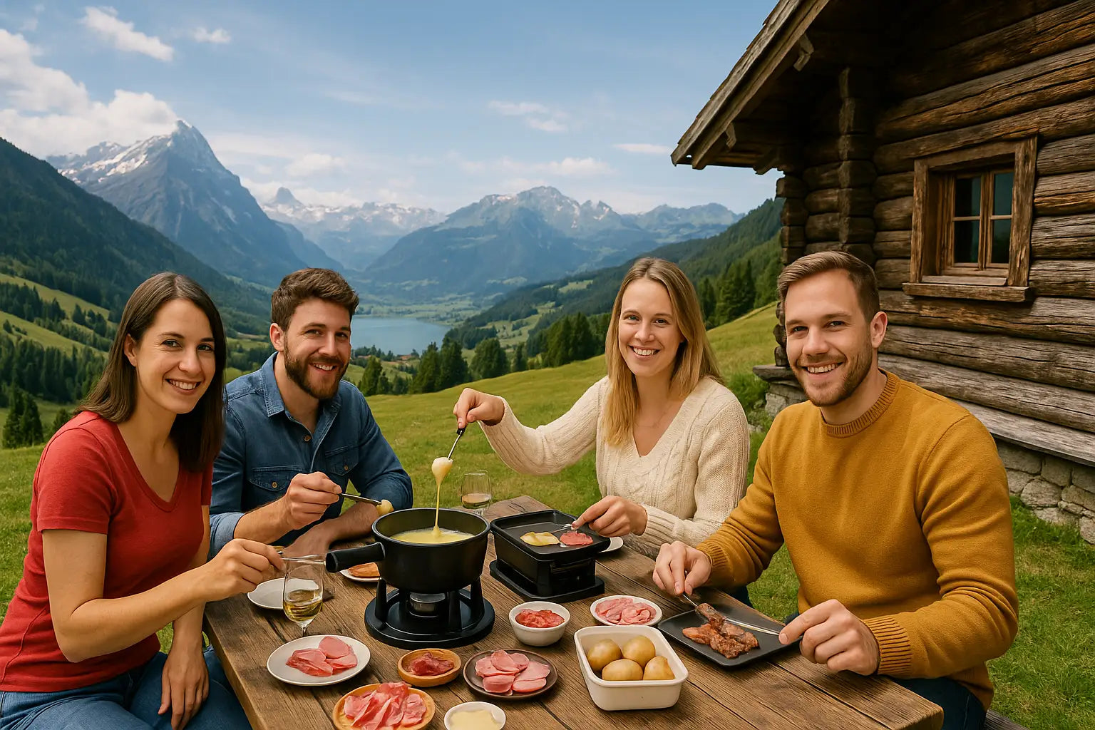 Eine Gruppe von vier Freunden genießen Raclette und Fondue, man sieht die Alpen im Hintergrund und eine Holzhütte.