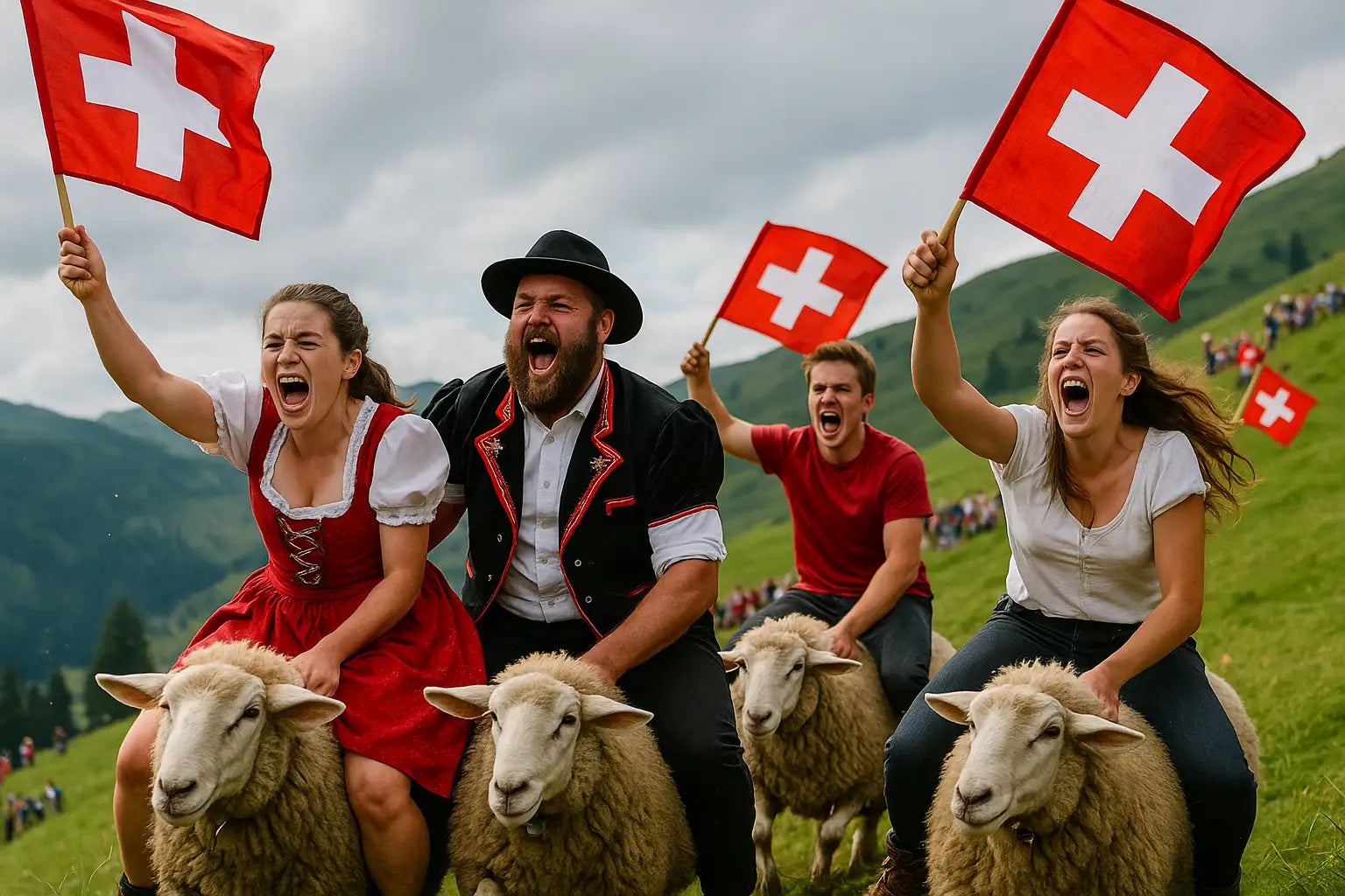Eine Gruppe von Schweizern mit Schweizer Flaggen Reiten auf Schafen einen Berg hinab.