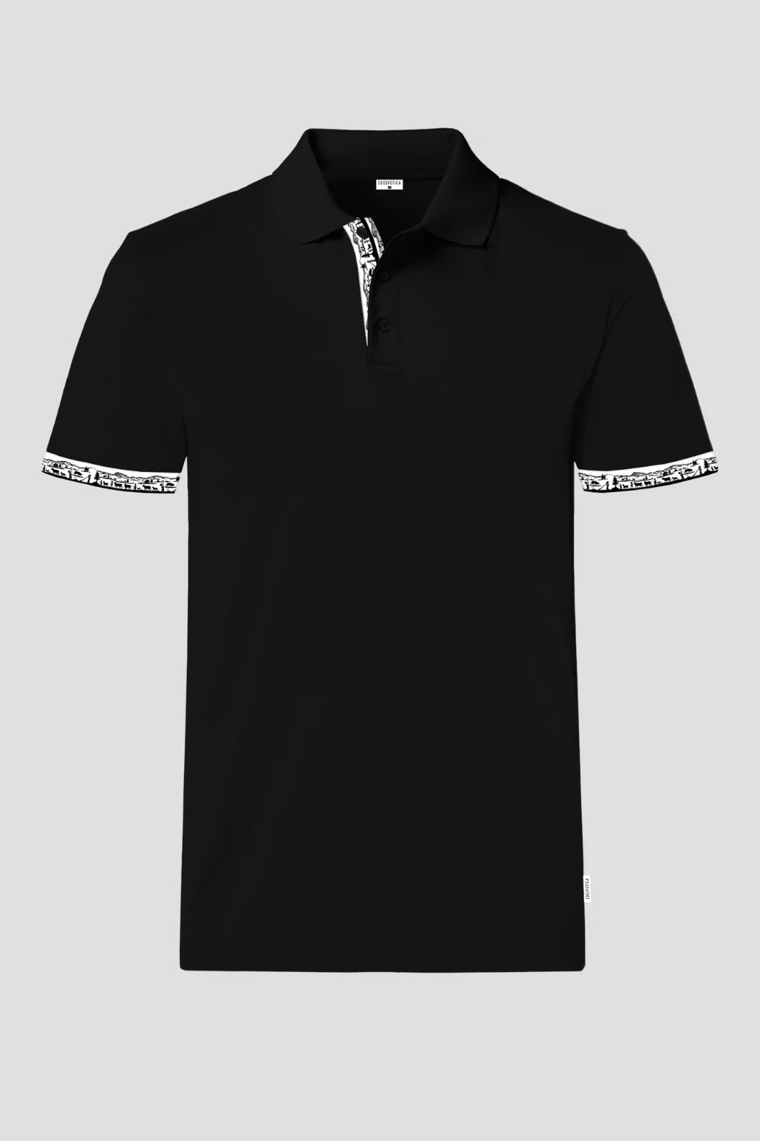 Herren Scherenschnitt Polo-Shirt von Edelvetica, gekennzeichnet durch einzigartige Scherenschnitt-Details am Kragen und den Armabschlüssen. Dieses elegante Polo-Shirt verbindet traditionelle Schweizer Kunst mit modernem Stil und bietet eine stilvolle Option für diverse Anlässe. Perfekt für eine anspruchsvolle Garderobe, die traditionelle Elemente und zeitgenössische Mode vereint.