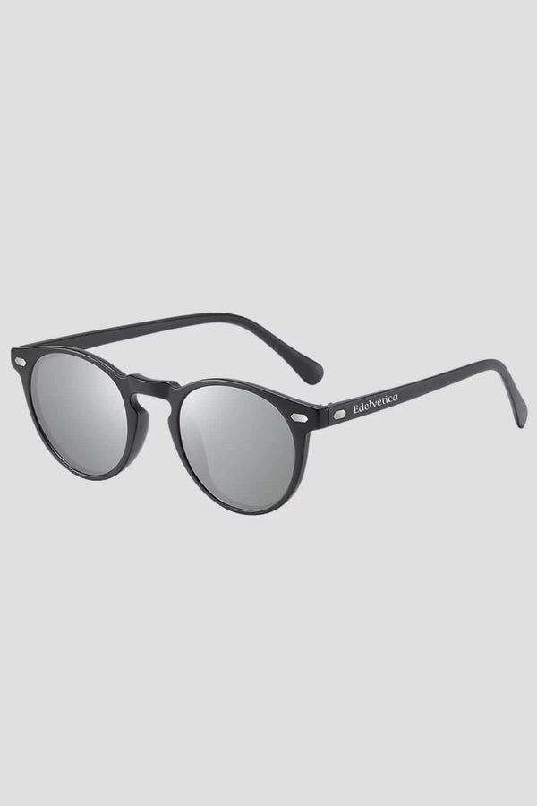 Runde Sonnenbrille Vista Edelvetica – stilvolle, hochwertige Sonnenbrille mit UV 400 Schutz in Schwarz, Blau, Silber und Orange-Gelb.