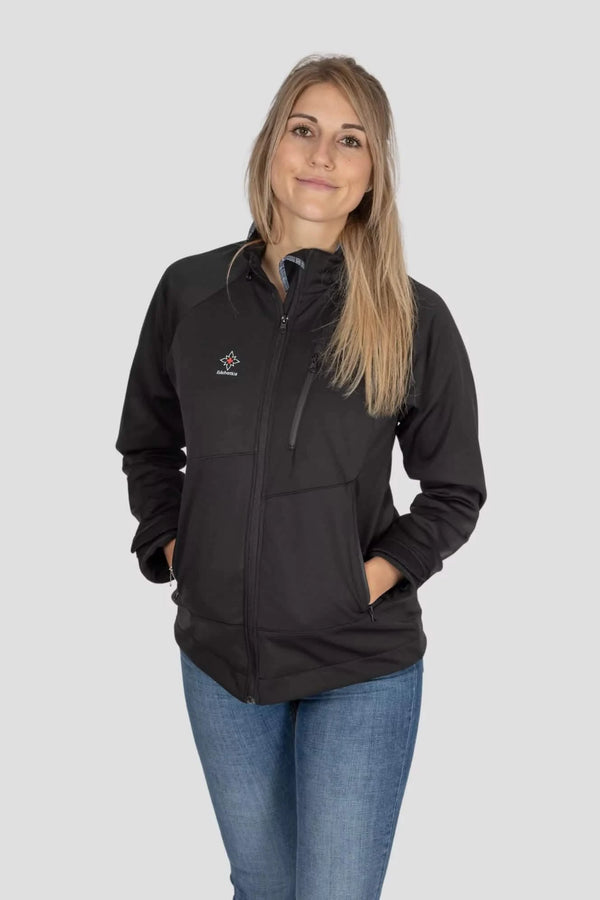 Softshell Jacke Edelweiss Damen von Edelvetica, schwarze Outdoor-Jacke mit grauem Edelweiss-Muster, wasserdicht, winddicht und stilvoll, ideal für Freizeit und Outdoor.